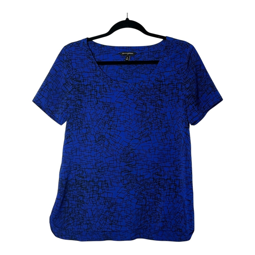 Banana Republic Womens Blue Black Geometric Print Scoop Neck Blouse Small 726924
